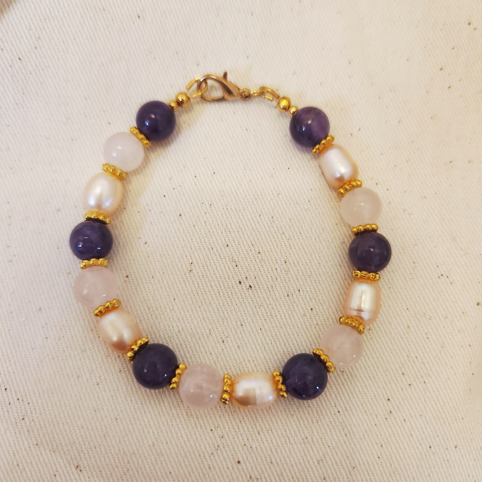 Alternative view of Rose Quartz, Amethyst and Freshwater Pearls bracelet