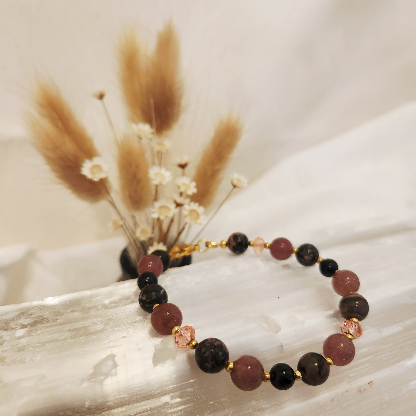 Rhodonite and Black Tourmaline bracelet with Swarovski beads