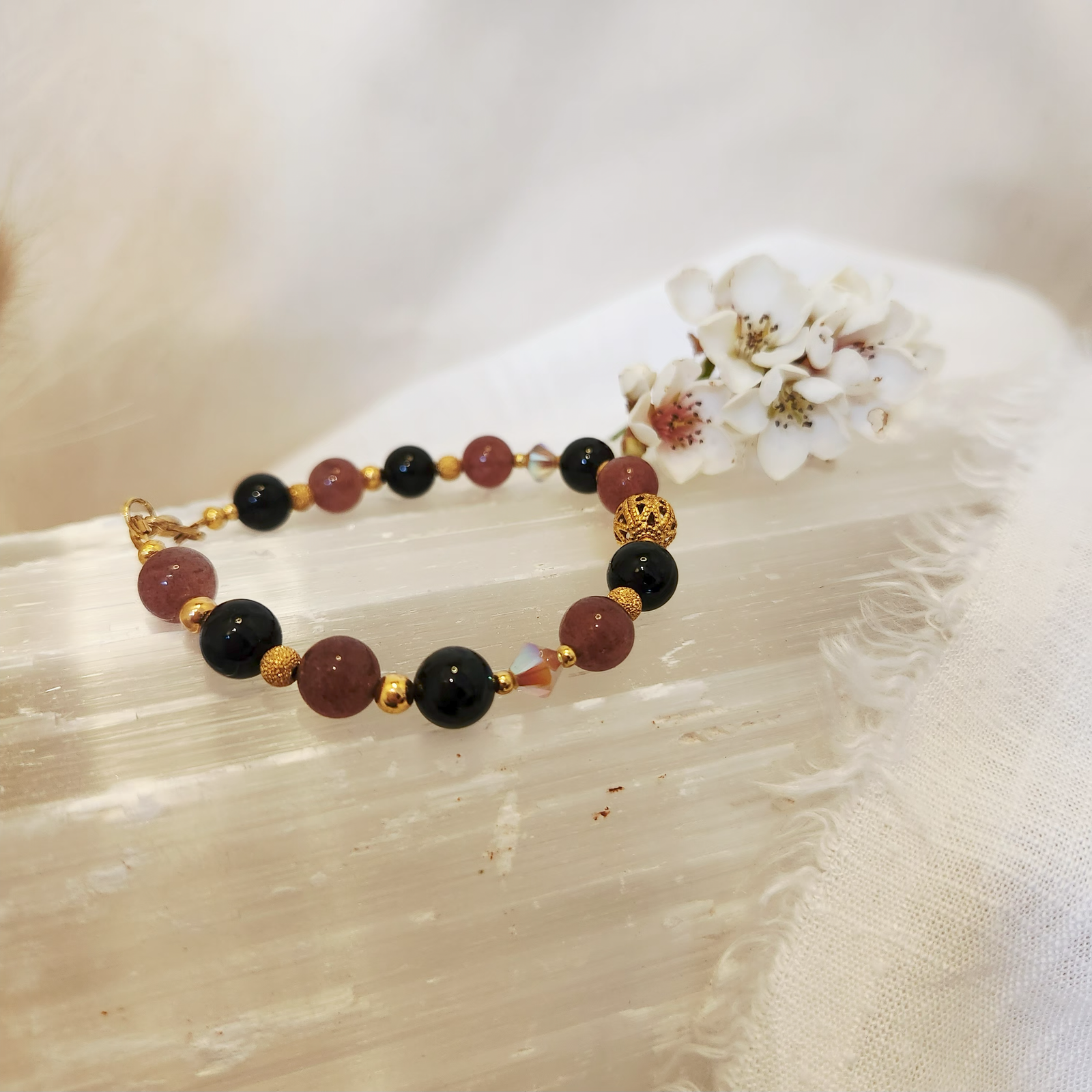 Strawberry Quartz and Black Tourmaline bracelet with Filigree and Swarovski beads