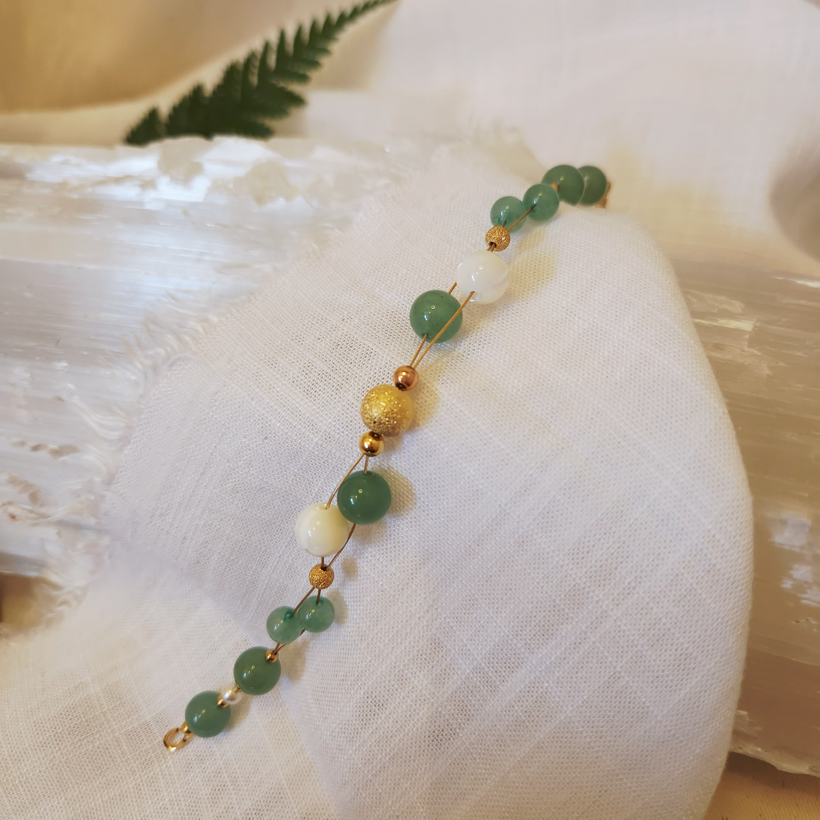 Aventurine and Mother of Pearl double string bracelet with Stardust bead