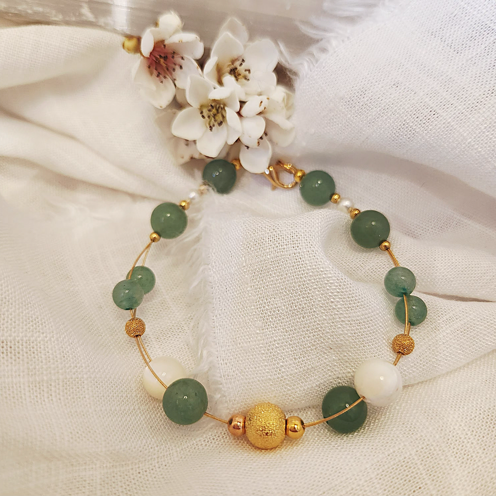 Alternative view of Aventurine and Mother of Pearl double string bracelet with Stardust bead