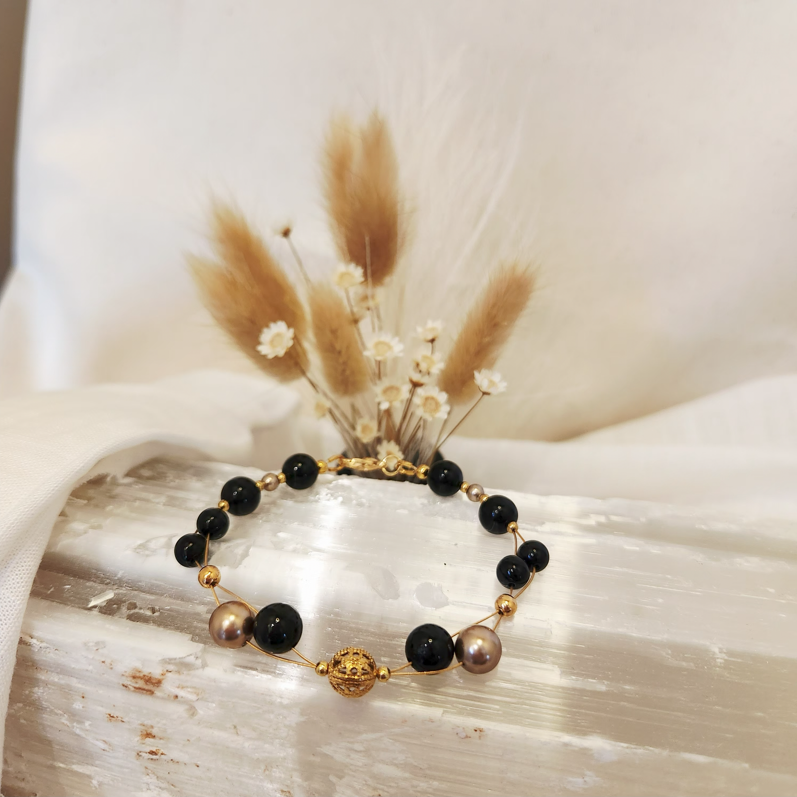 Black Tourmaline double string bracelet with Filigree bead and Swarovski pearls