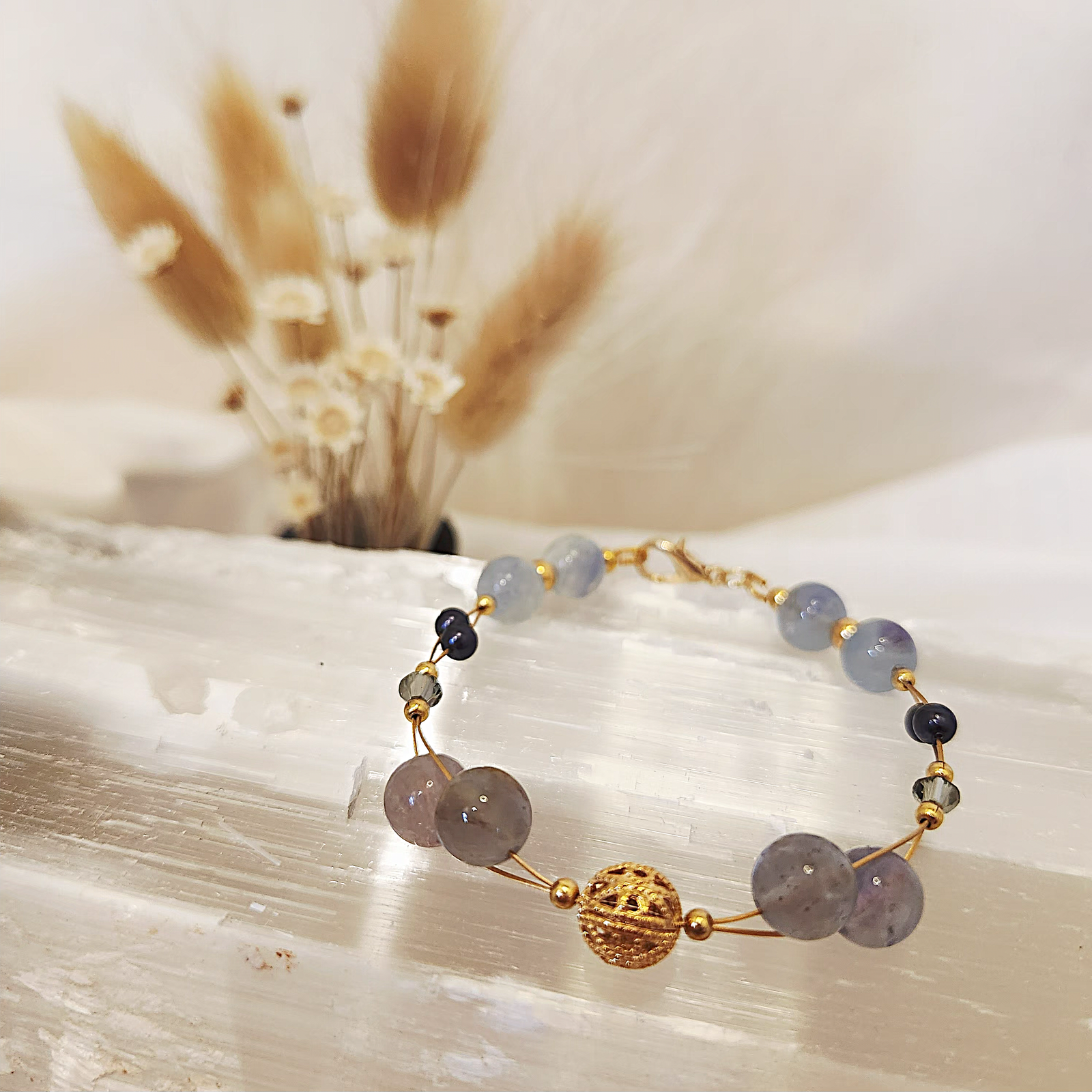 Labradorite and Black Tourmaline double string bracelet with Filigree and Swarovski beads