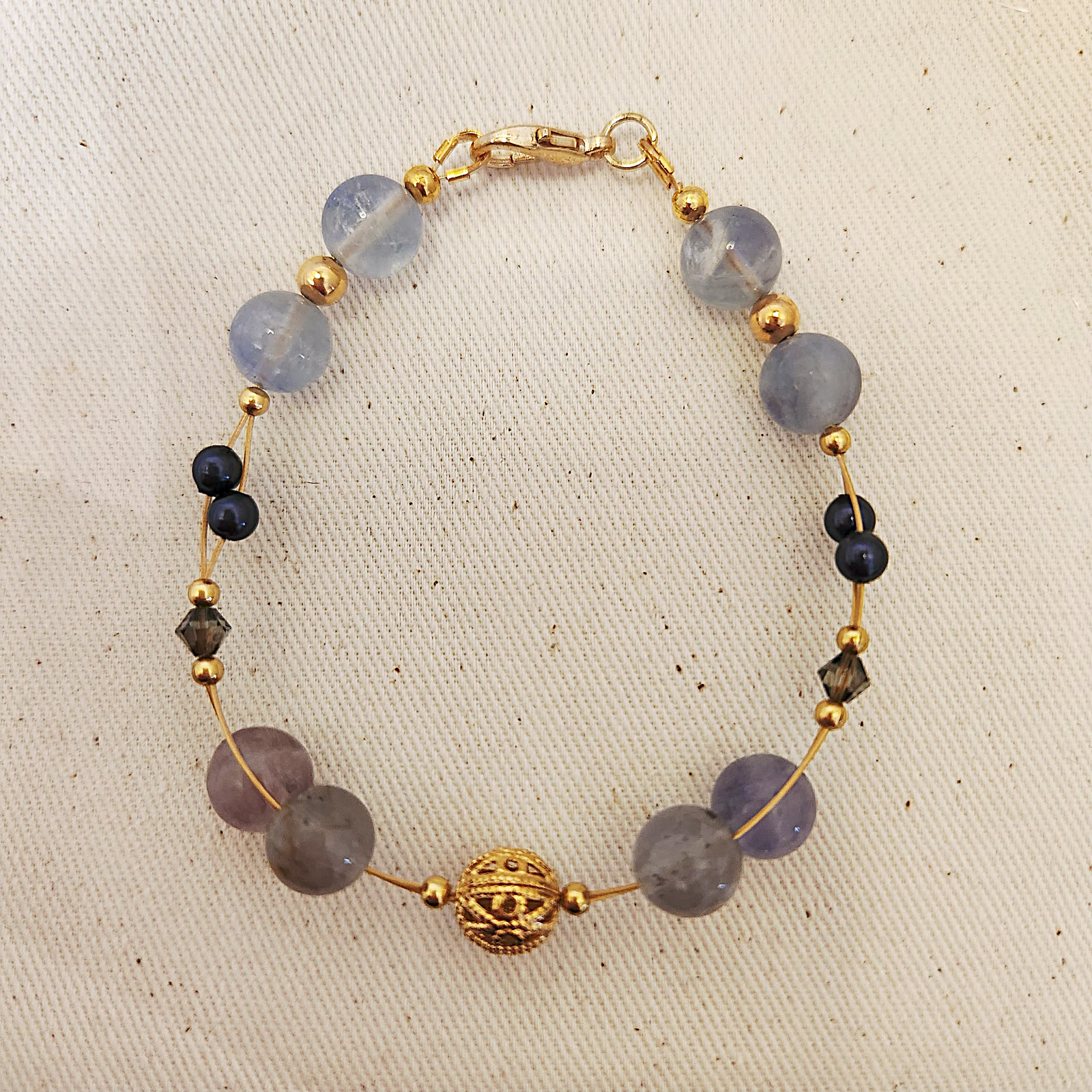 Alternative view of Labradorite and Black Tourmaline double string bracelet with Filigree and Swarovski beads