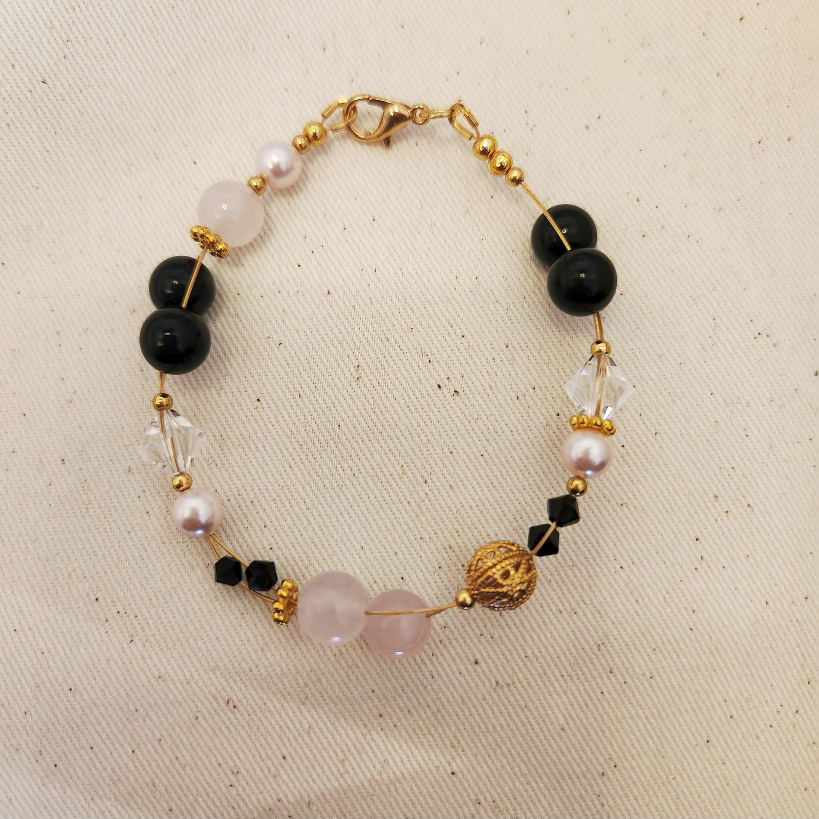 Alternative view of Rose Quartz and Black Tourmaline double string bracelet with Filigree and Swarovski beads