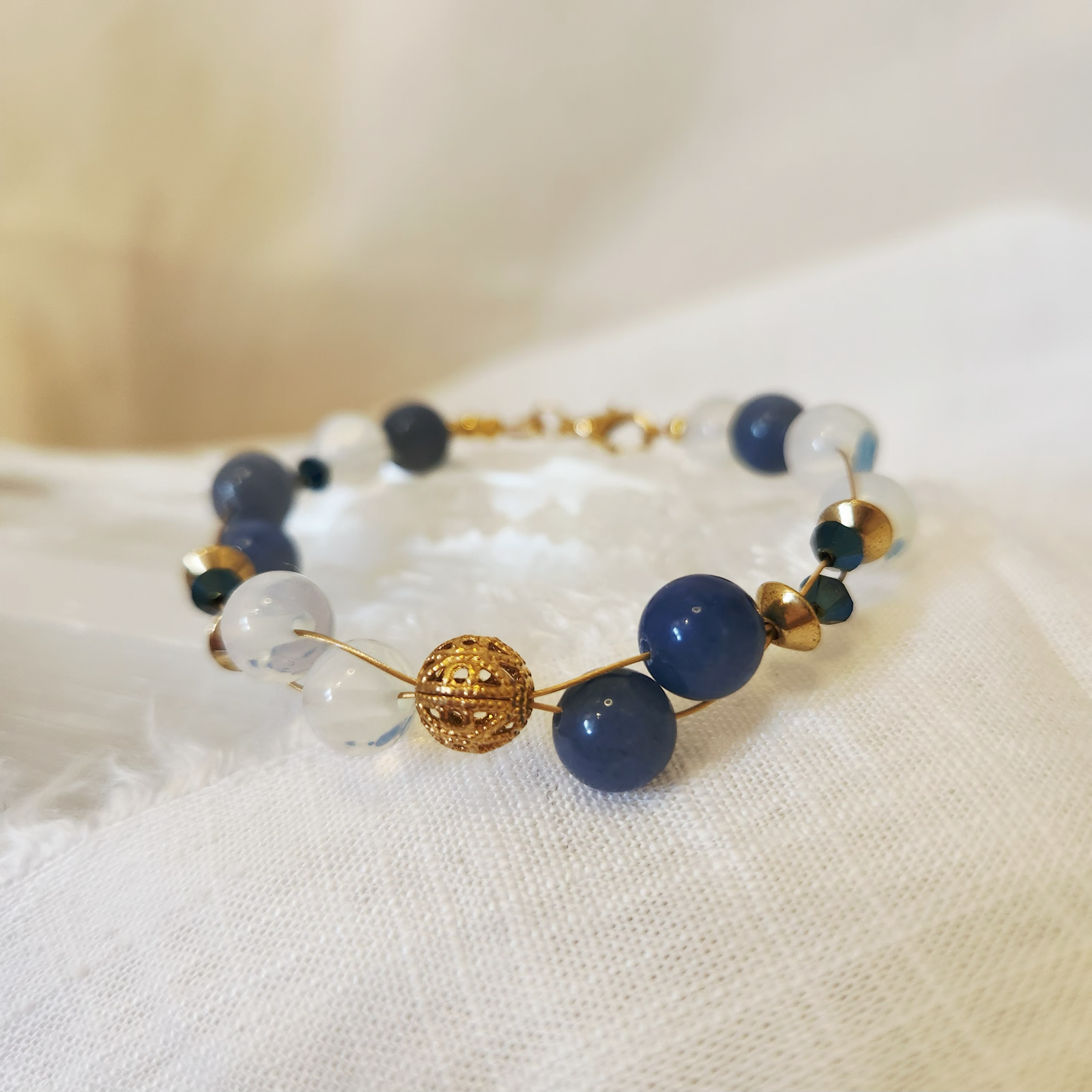 Blue Quartz and Opalite double string bracelet with Filigree and Swarovski beads