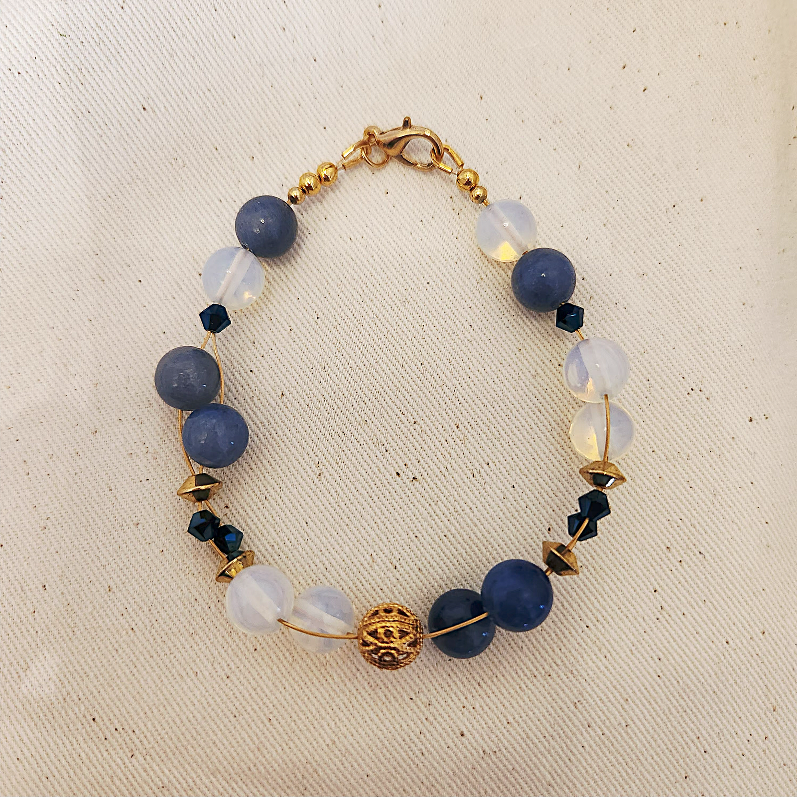 Alternative view of Blue Quartz and Opalite double string bracelet with Filigree and Swarovski beads