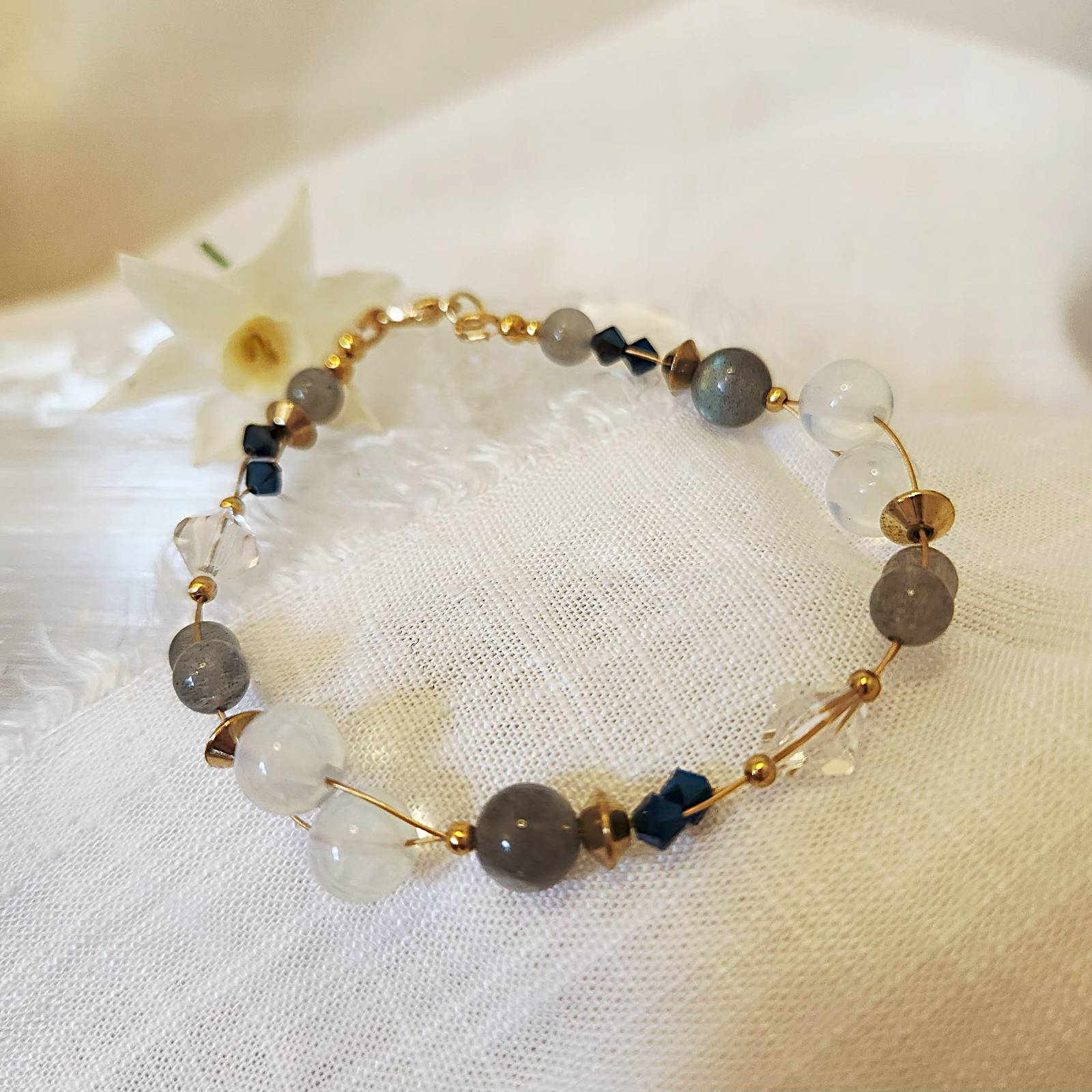Labradorite and Opalite double string bracelet with Swarovski beads