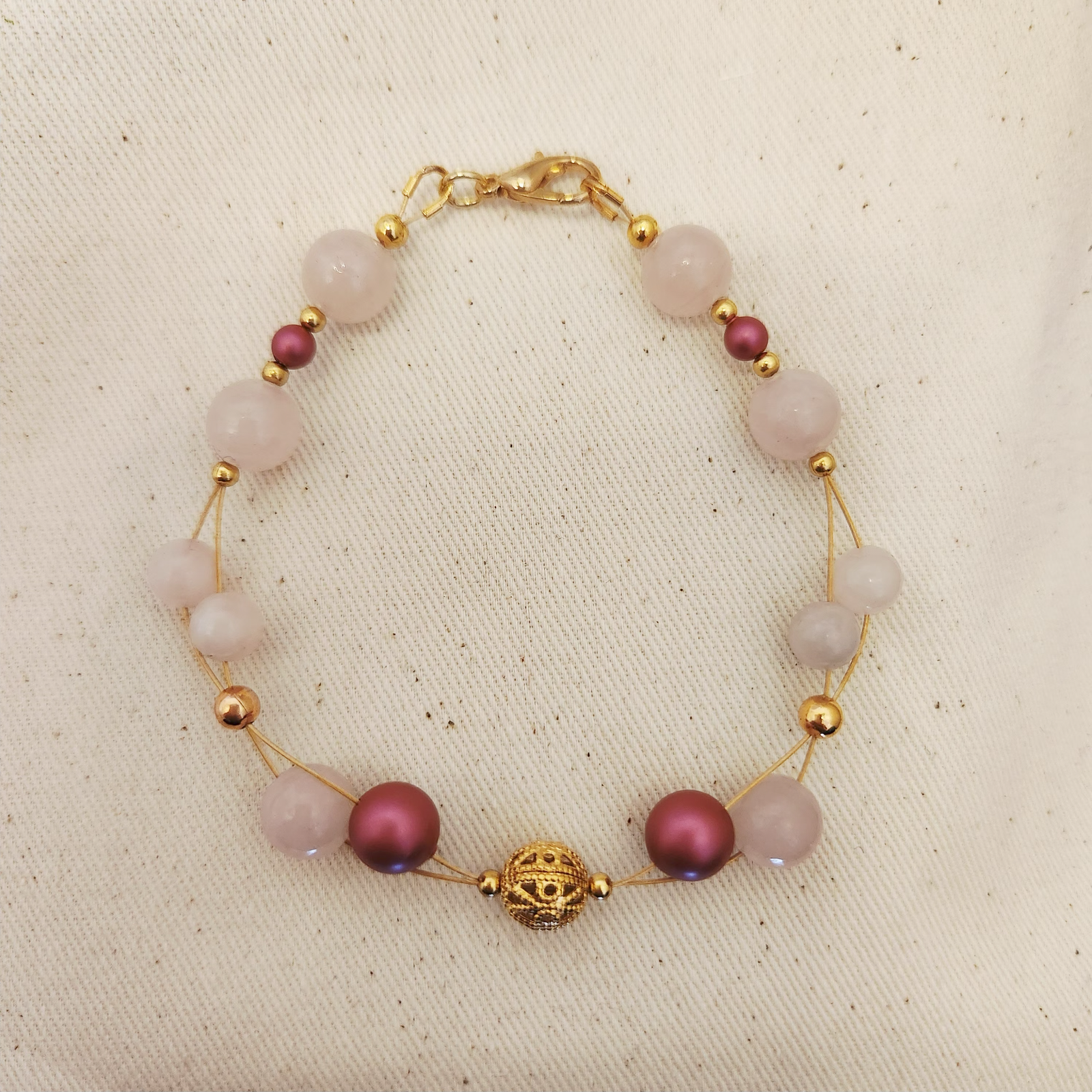 Alternative view of Rose Quartz double string bracelet with Filigree bead and Swarovski pearls
