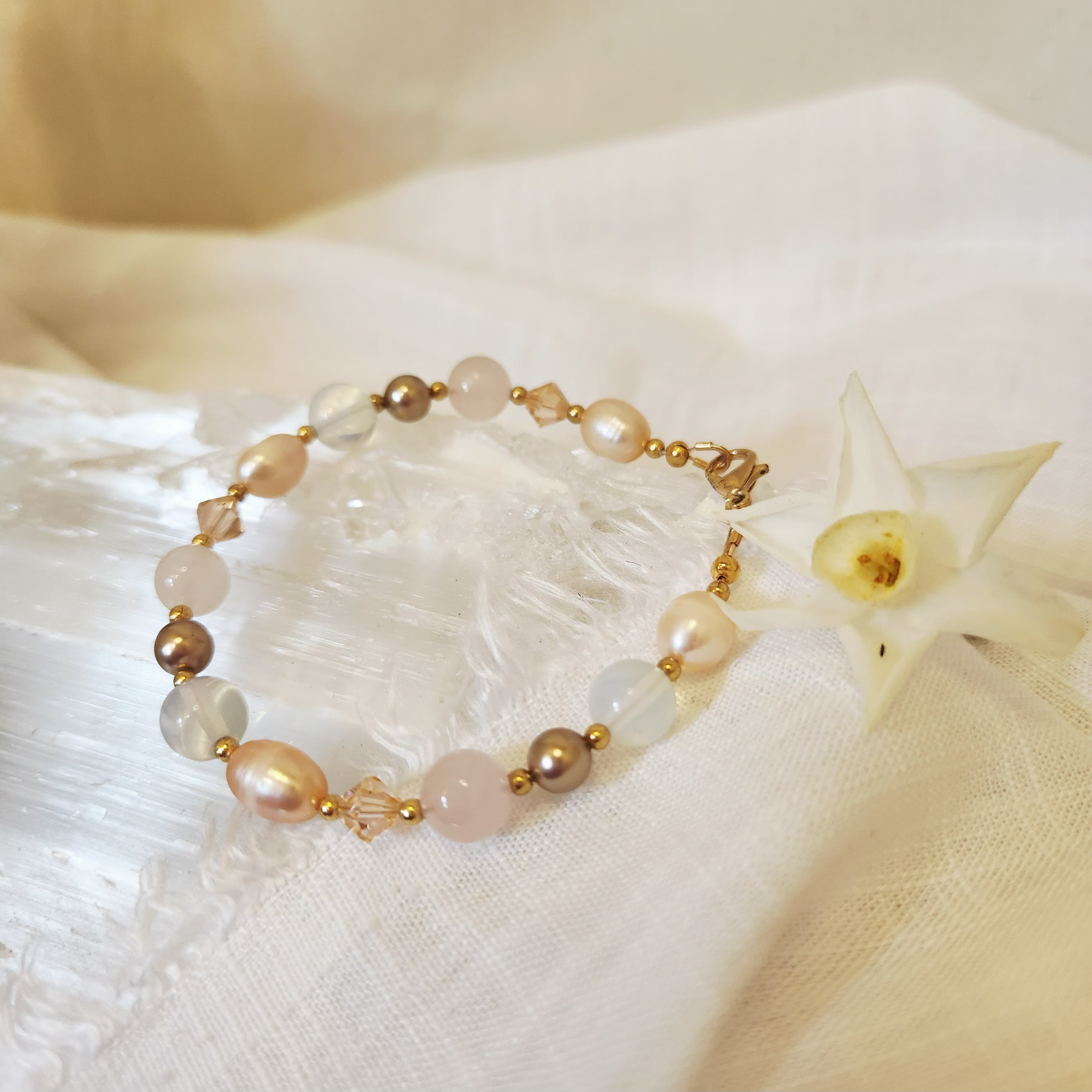 Rose Quartz, Opalite and Freshwater Pearls bracelet with Swarovski beads and pearls