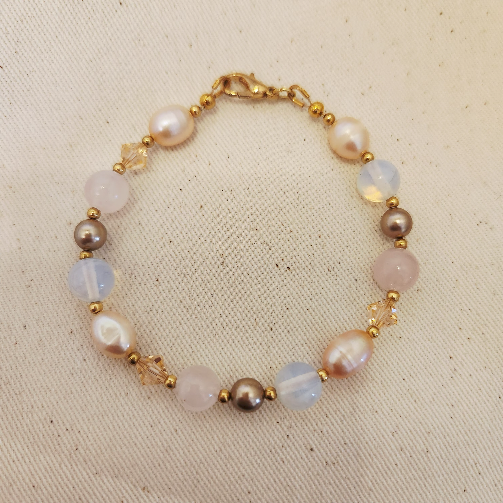 Alternative view of Rose Quartz, Opalite and Freshwater Pearls bracelet with Swarovski beads and pearls